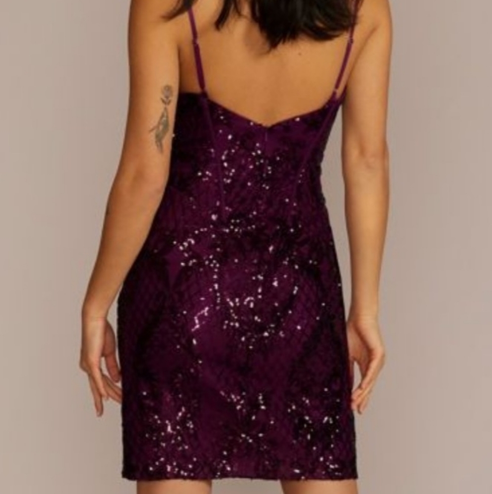 David's Bridal Short Allover Sequin Illusion Plunge plum evening mini dress gown - Picture 3 of 7